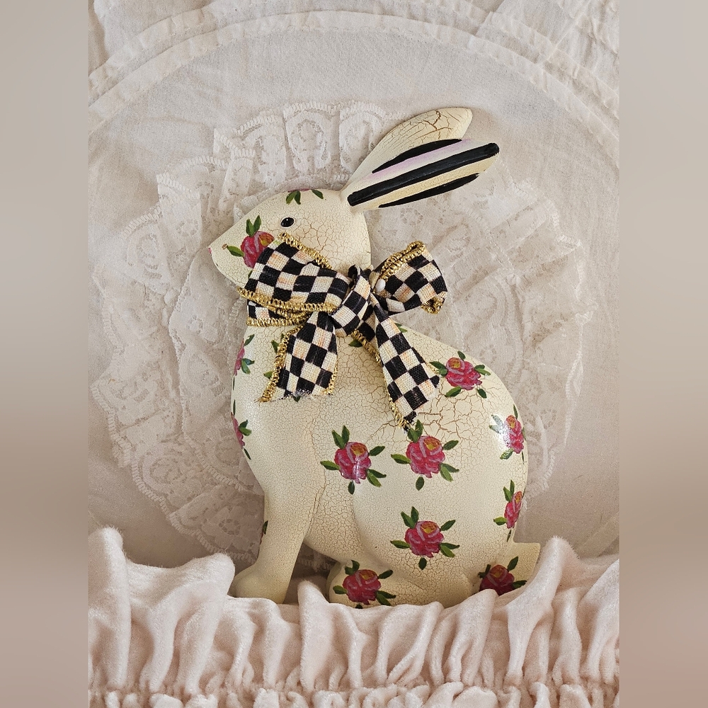MacKenzie-Childs Rosy Rabbit Floral Bunny with Courtly Check Bow